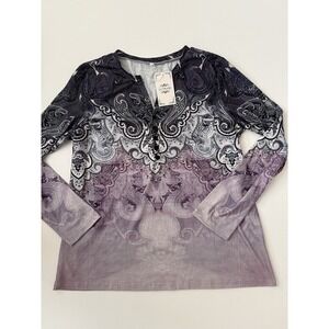 La Mode Long Sleeve Top Purple Gray‎ Baroque Print V-Neck Button Front L NWT
